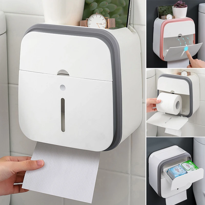 

Tissue Roll Paper Holder Adhesive Dual Layer Bathroom Floating Organizer Shelf With Phone Stand Splash-Proof For Wall Banheiro
