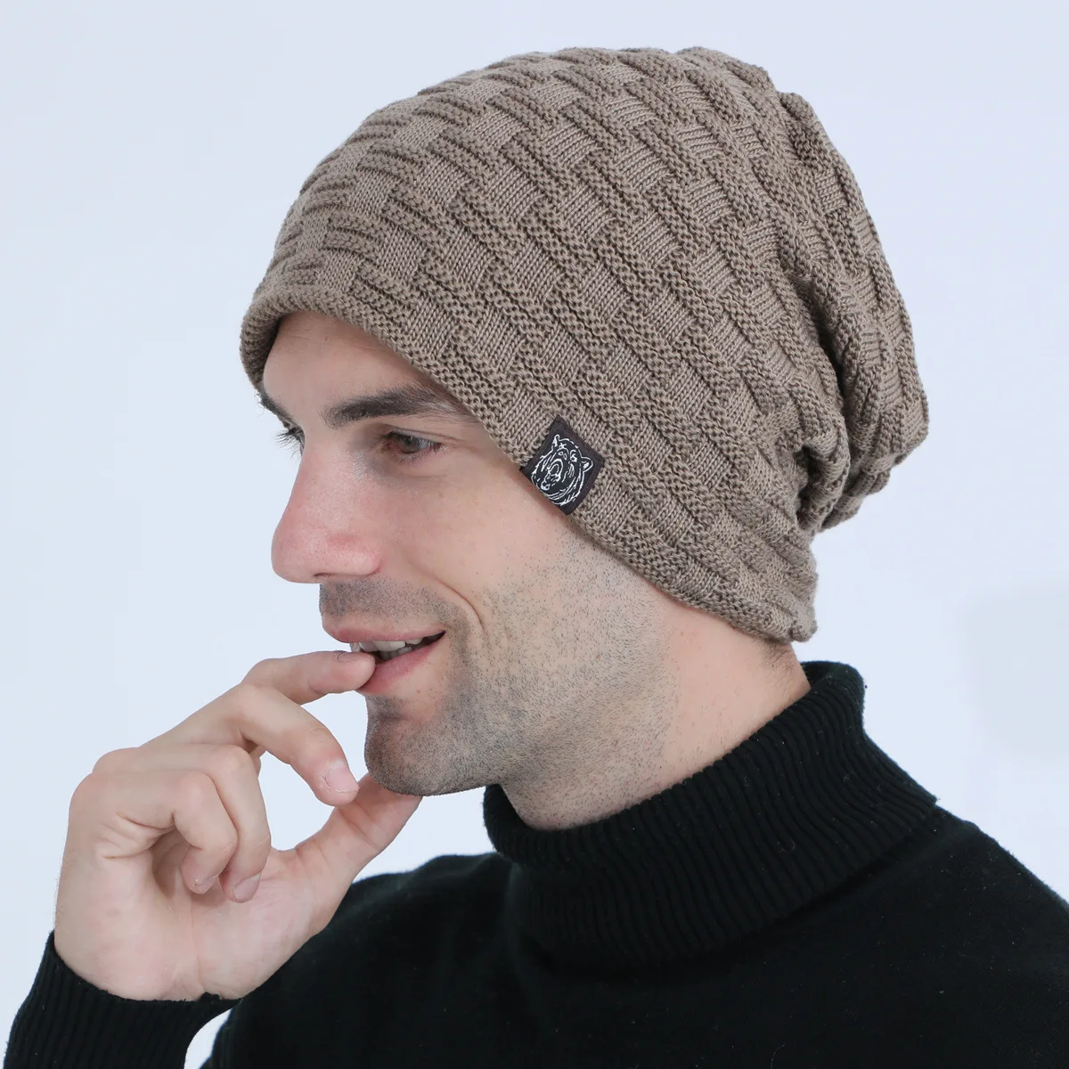 

Men's Knitted Hood with Velvet Logo Personality Outdoor Cycling Woolen Warm Hat Mens Winter Hats Winter Accessories