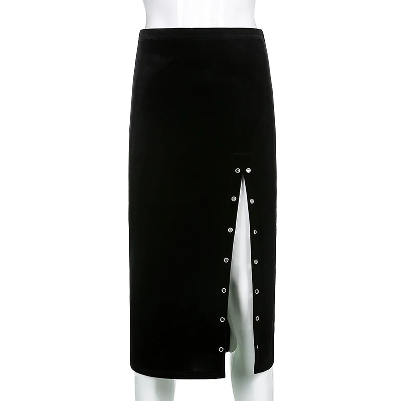 

Waatfaak Elegant Ladies Midi Pencil Skirt With Slit Vintage Black Velvet Skirt Goth High Waist Hole Sexy Mall Skirts Women 2021