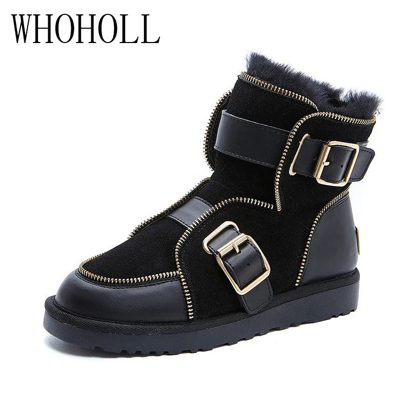 

Women Winter Cotton Shoes Plush Warm Snow Boots Double Buckles Ladies Casual Flat Short Boots Solid Color Furry Females Feetwear