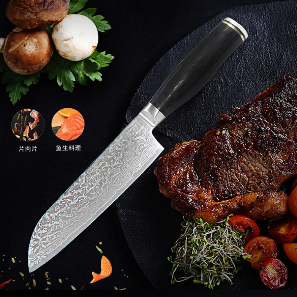 Дамасский нож сантоку японский VG10 стальной кухонные ножи острый для мяса