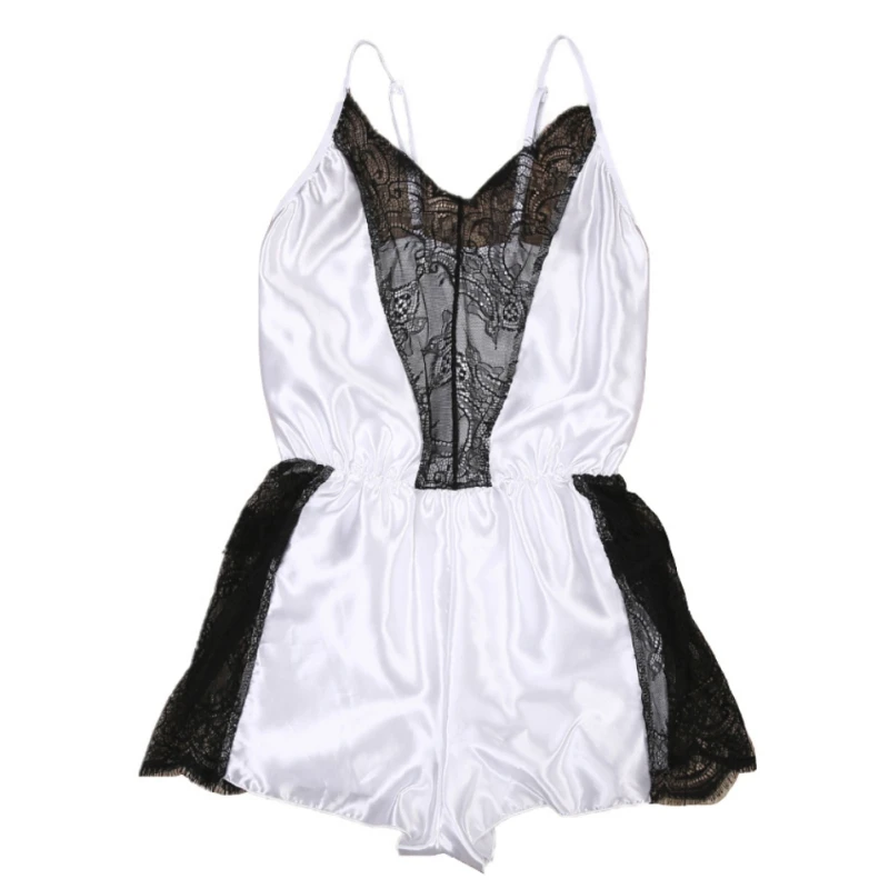 

Fashion Women Exotic Pajamas Lace Stitching Deep V Jumpsuit Sleeveless Paneled Bodysuit Nightdress Clothing