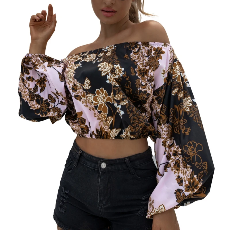 

Fashion Long Sleeves Loose Shirt Women Off Shoulder Casual Blouse Tops Summer Slash Neck Print Blouses