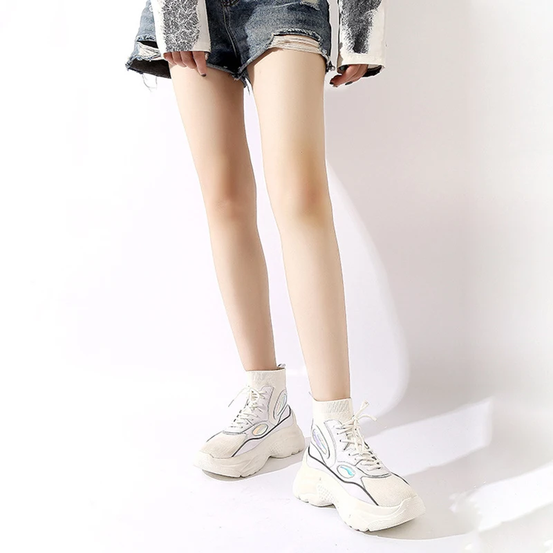 

Rimocy Breathable Knitting High Top Platform Sneakers Women Patchwork Pu Leather Wedges Shoes Woman Chunky Casual Shoes Ladies