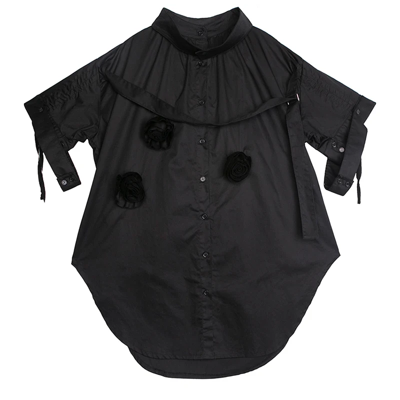

[EAM] Women Black Ribbon Flower Big Size Long Blouse New Lapel Half Sleeve Loose Fit Shirt Fashion Spring Summer 2021 1DD9476