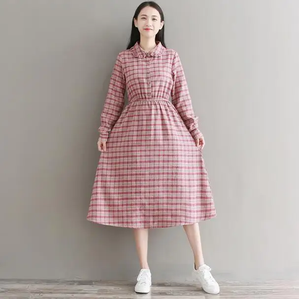 Весенне-осеннее женское элегантное клетчатое платье миди с воротником Питер Пэн