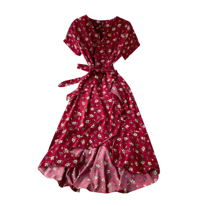 Boho Vintage 2022 floral print ruffles V Neck bandage long chiffon Dress summer Party Women beach holiday irregular tunic dress | Женская