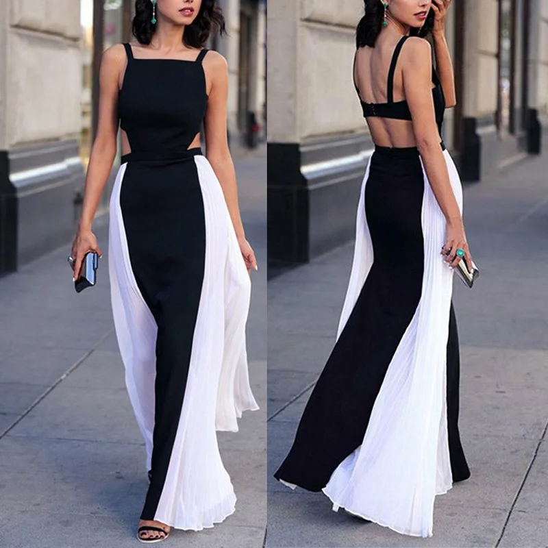 

Elegant Black White Colorblock pleated Dress Sexy Spaghetti Strap Hollow Out Back Big Pose Dress
