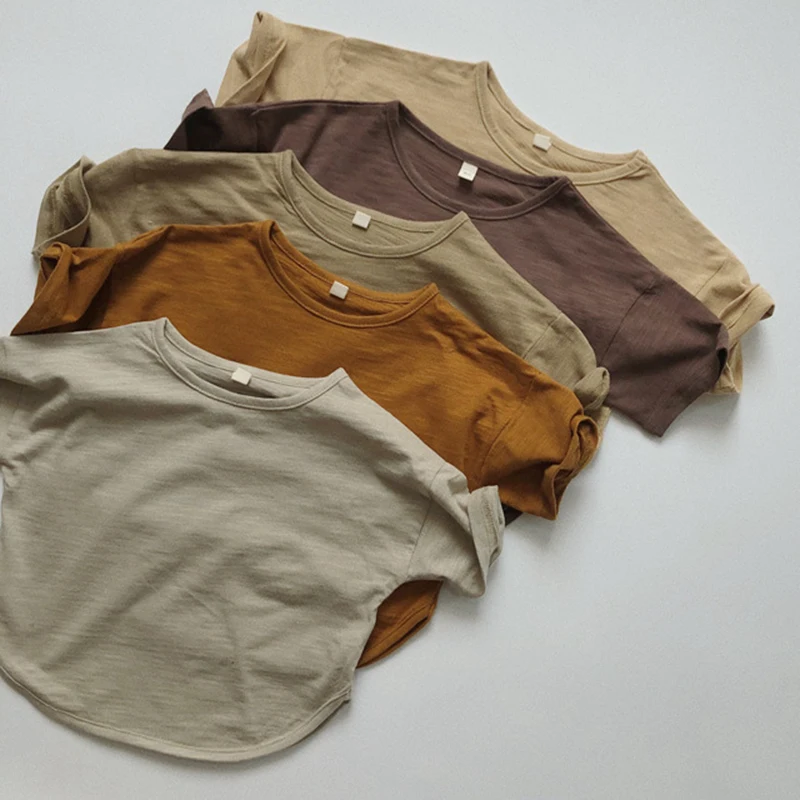 

Детский однотонный пуловер с коротким рукавом, топы, летняя футболка в Корейском стиле для маленьких девочек и мальчиков, детская одежда