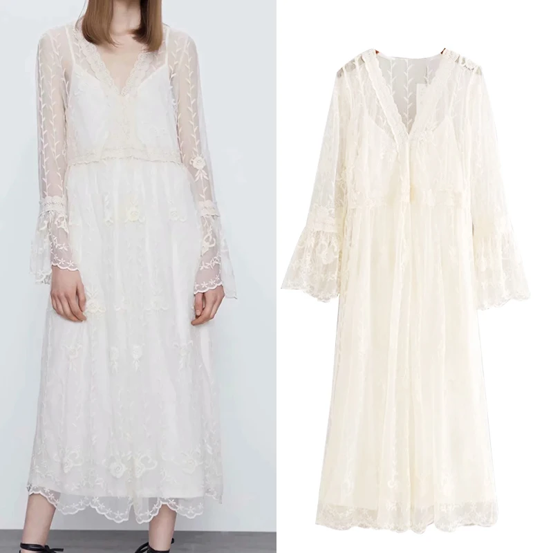 

WESAY JESI Fashion Summer Women's Dress 2021 Flowy Dresses Knitting Chic V-Neck Light Elegant White Lace Embroidery Female Daily