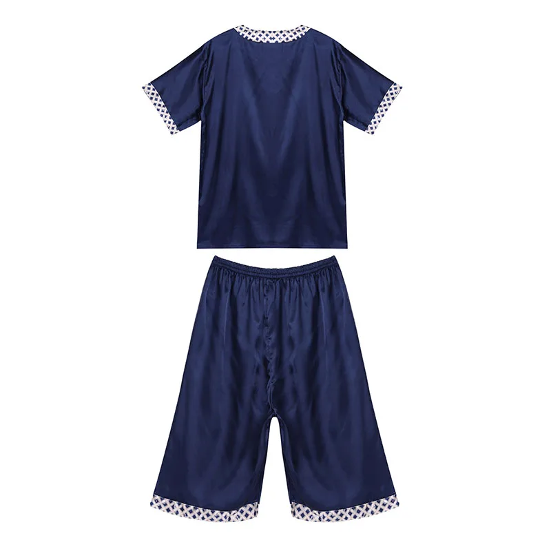 Men Satin Plaid Pajamas Sets V Neck Short Sleeve Pocket T-Shirt Tops with Shorts Leisure Wear Home Clothing Sleepwear Nightwear