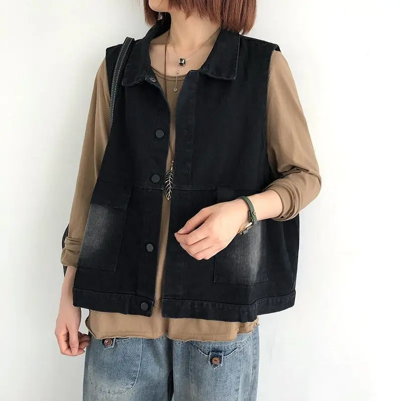 

Literature and art loose denim waistcoat women's summer new versatile casual shoulders show thin retro vest