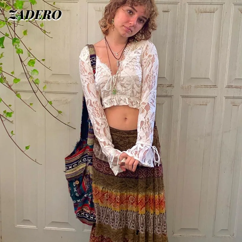 

Lace Crop Top Women Y2k Vintage Patchwork Sweet Flare Sleeve Drawstring Tees Fashion Harajuku 90s Hollow Out Tops E-Girl T Shirt