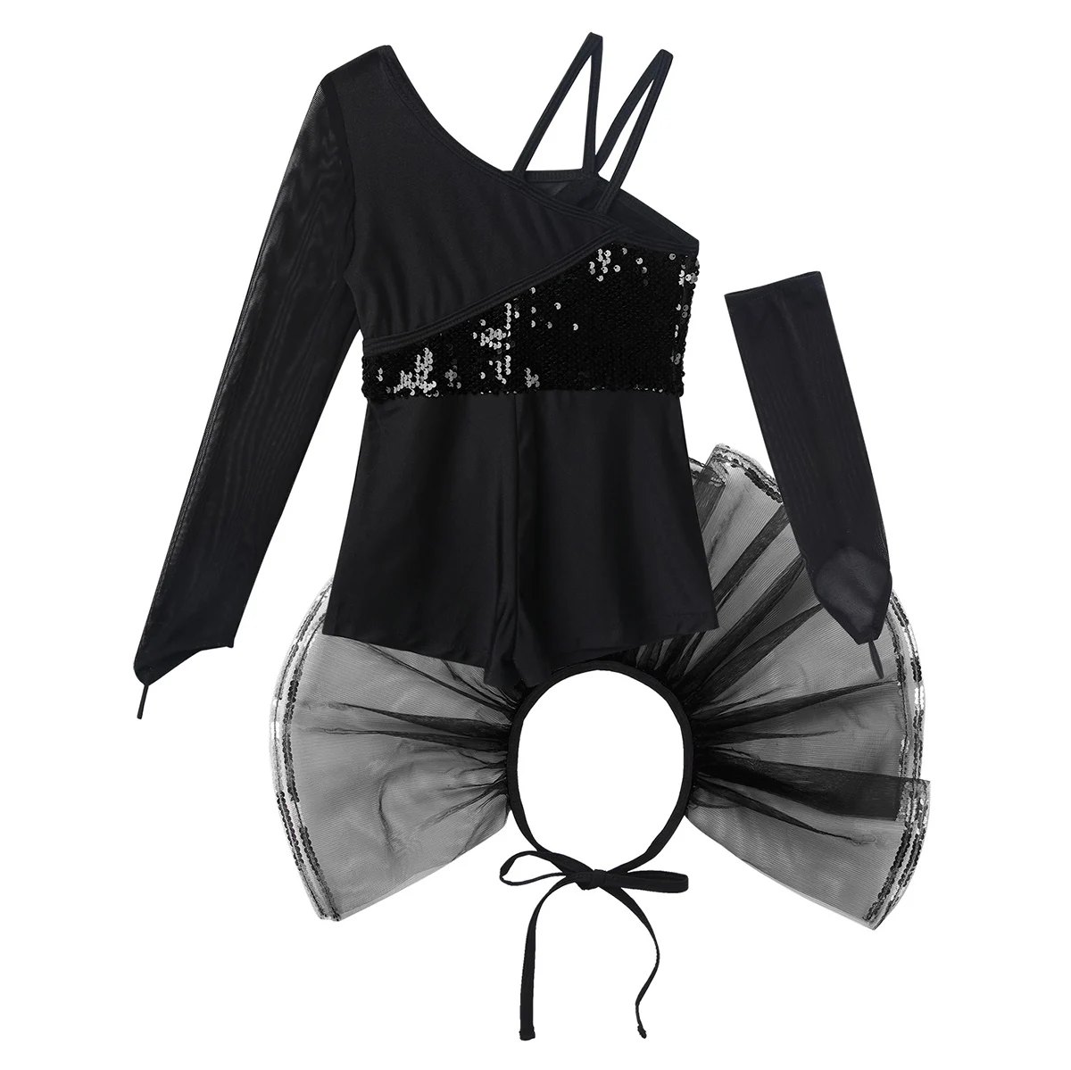 

Kids Girls Single Sleeve Shiny Sequins Ballet Gymnastics Leotard Unitards Set Stage Performance Costume Contemporary Dance Wear