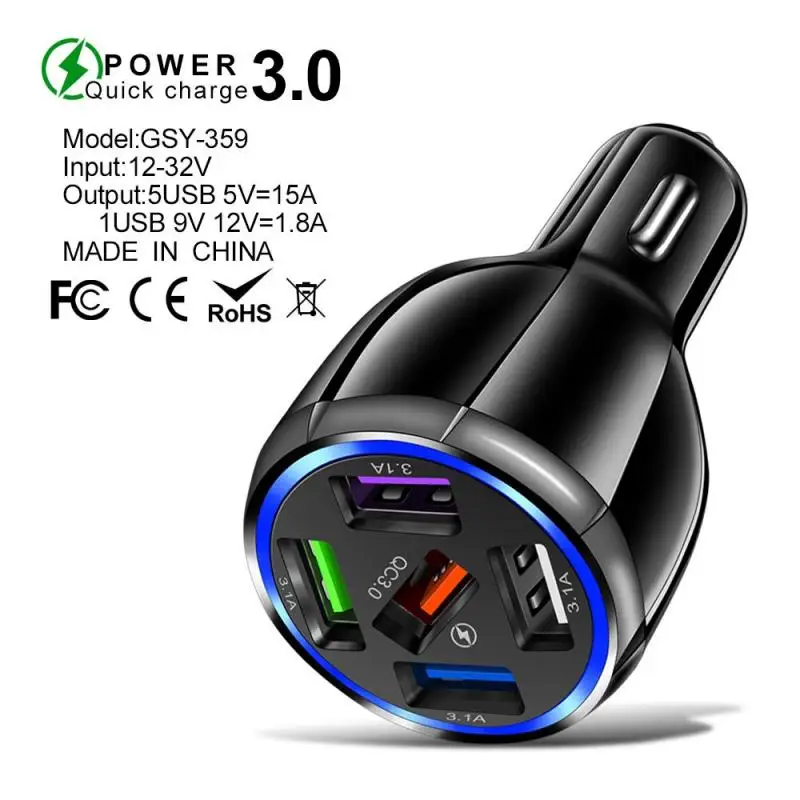 

5 Ports USB Car Charger 15A QC3.0 Mini LED Fast Charging Adapter Compatible A Variety Of USB Devices For iPhone Xiaomi Phones