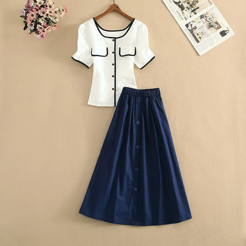 

2021 Summer New Office 2 Piece Set Women Square Neck Puff Sleeve Patchwork Cotton Linen Blouse Shirt Top + Long Skirt Sets Suits