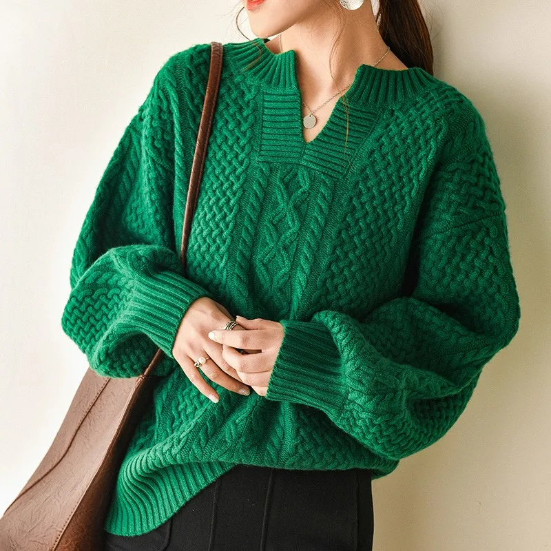 

Женский кашемировый свитер в стиле ретро, зеленый пуловер с V-образным вырезом и высоким воротником, Вязаный Свитер оверсайз с длинным рукав...
