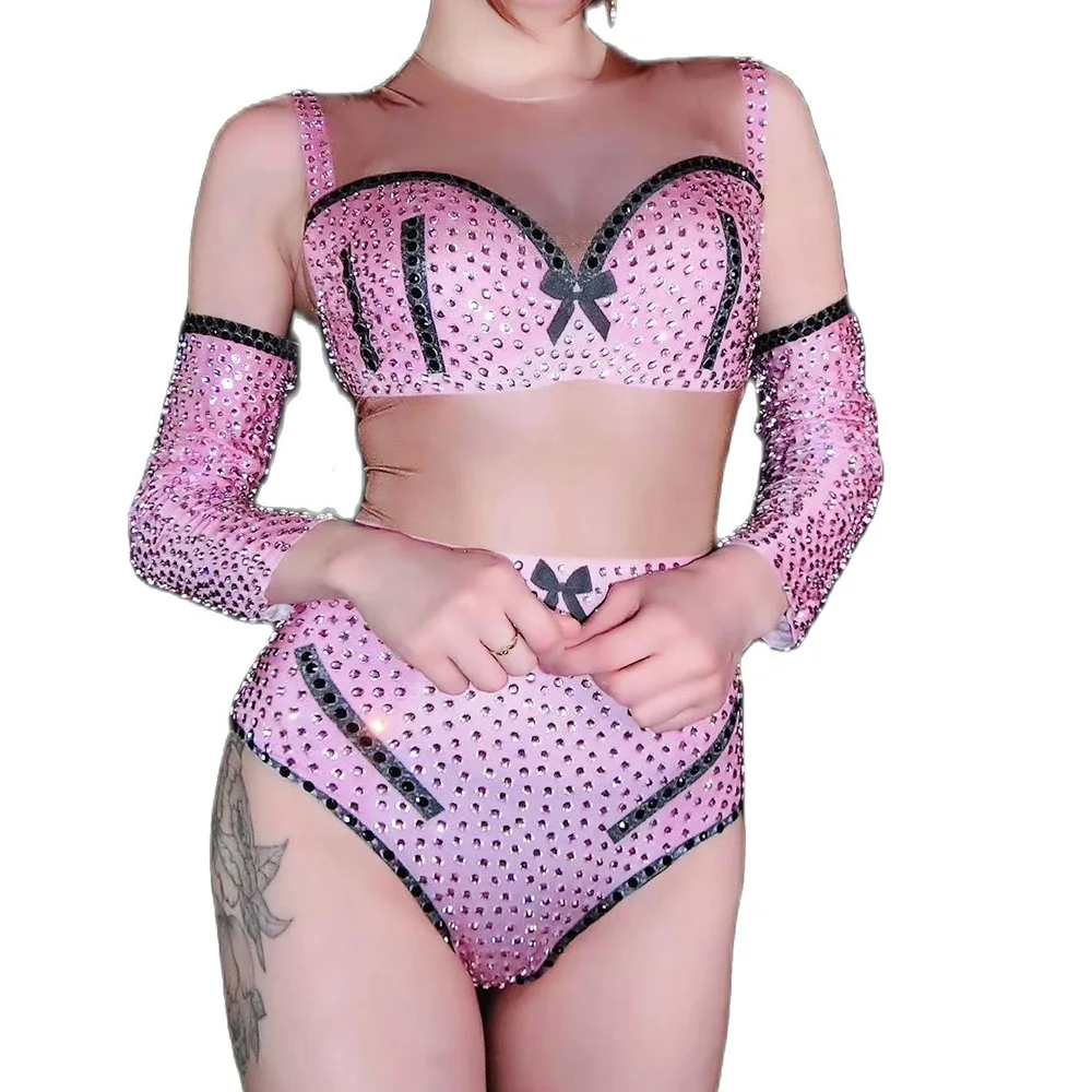 Розовый боди в стразах Соблазнительные личность костюмы для сцены девушек