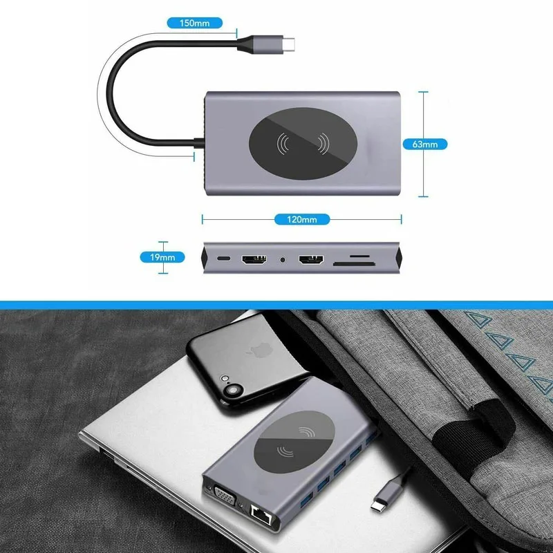 USB C док станция 14в1 Тип к HDMI совместимый VGA RJ45 USB3.0 SD/TF кардридер с PD зарядкой для