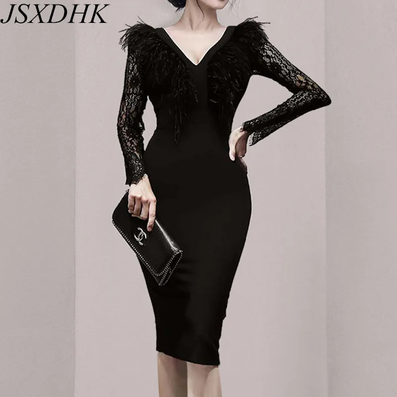

JSXDHK роскошное осенне-зимнее черное платье-футляр элегантное женское кружевное лоскутное ажурное сексуальное Вечерние легающее вечернее п...