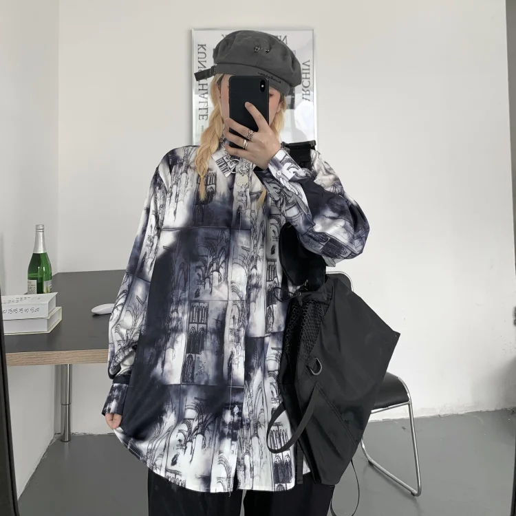 

Harajpoo Couple Shirts 2021 Spring Autumn Korean Ins Trendy Small Design Sense Ink Graffiti Print Long-Sleeved Lapel Blouses