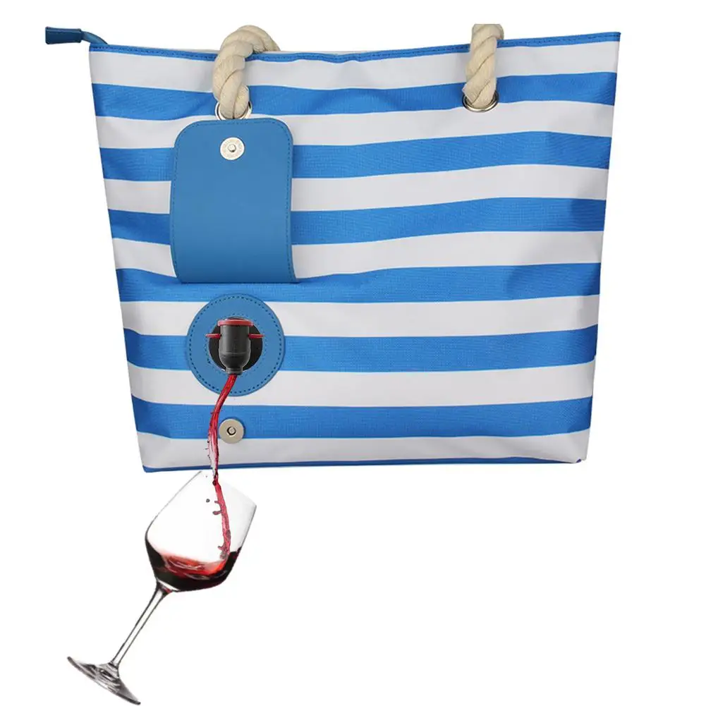 

Large Capacity Wine Bag Fashion Casual Striped Red Beach Tote Bag With Insulated Compartment Lining And Side Pockets Inside