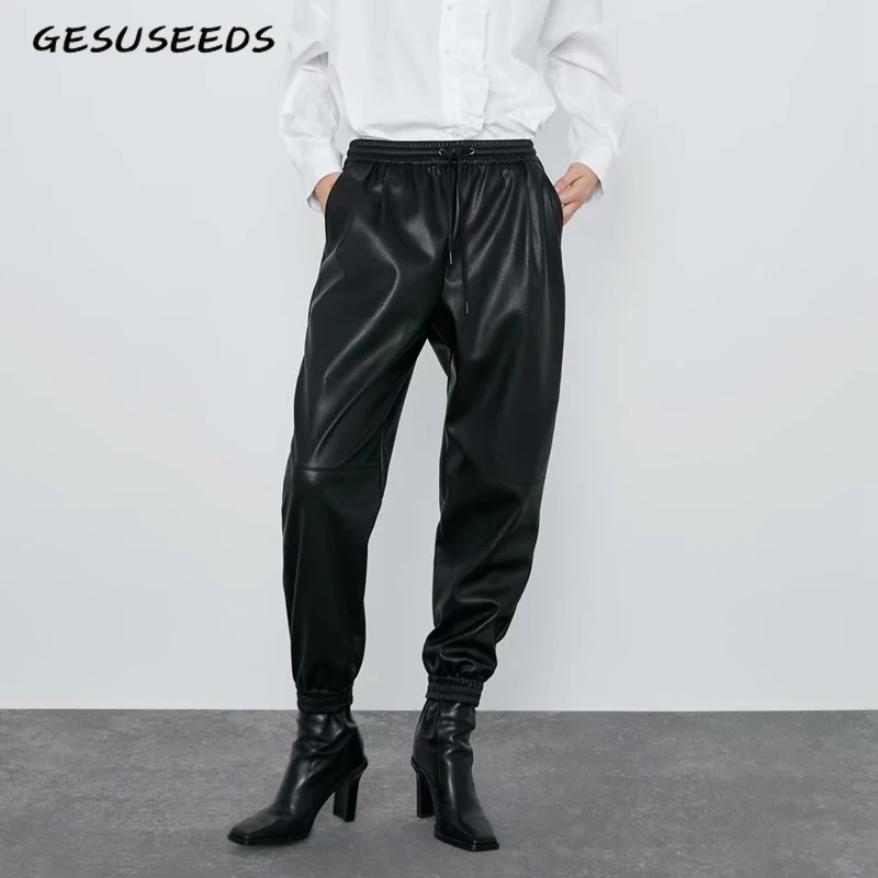 

Winter faux leather pants womens joggers sweatpants punk elastic high waist trousers woman black PU leather pants korean