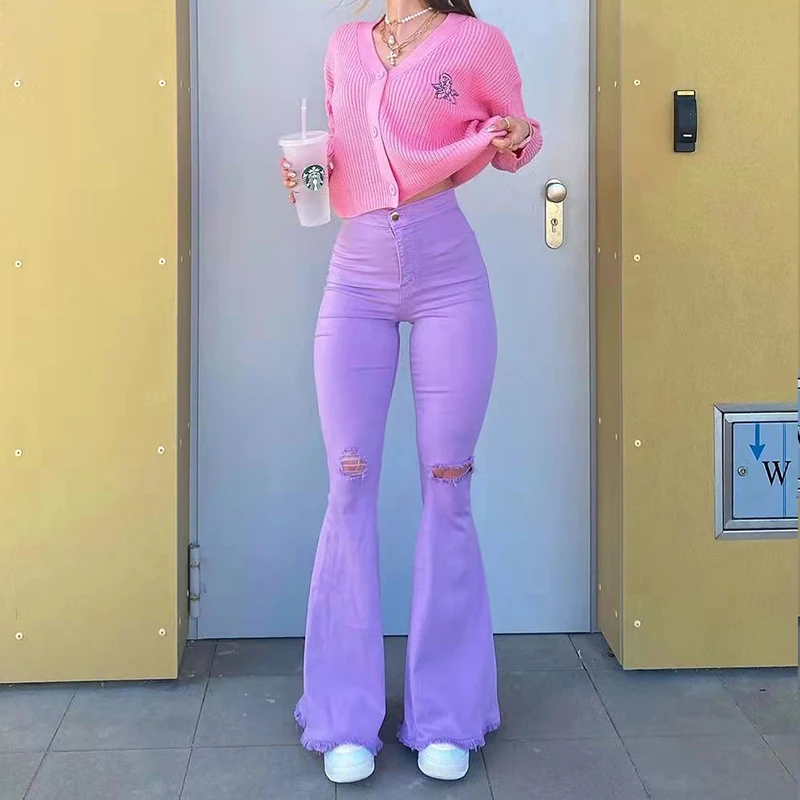 

90S Y2k Flared Jeans Women High Waist Fashion Streetwear Purple Stretch Baggy Mom Jeans Wide Leg Pants Ripped Denim Trousers