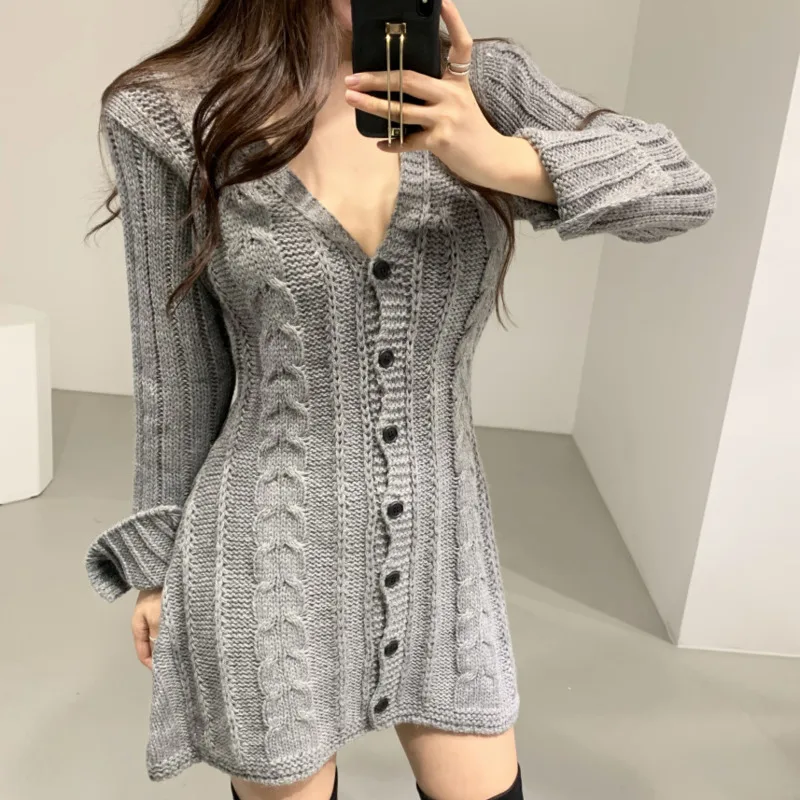 

Twisted Knitted Sweater Mini Dress Women V-Neck Single Breasted Party Dress Autumn Winter Long Sleeve Korean Casual Dresses
