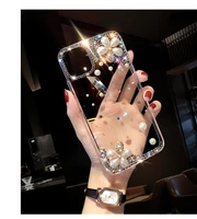 fashion diy bling pearl diamond flower clear phone case cover for samsung galaxy note 20 10 9 8 s21 s20 fe ultra s10e98 plus