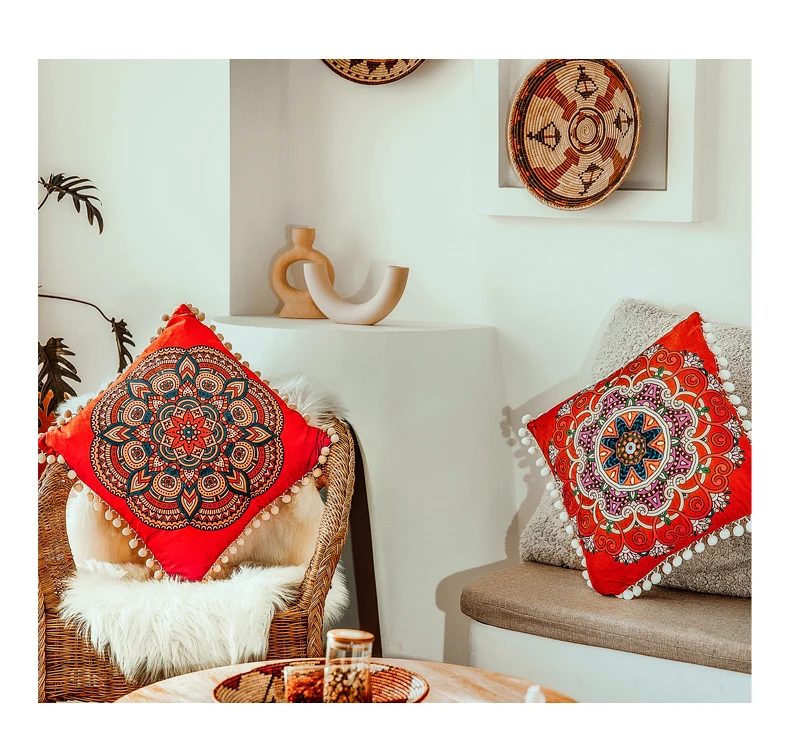 Red Cushion Cover Mandala Floral Pillow Soft Velvet 45X45cm/50x50cm Pomom Ball Fringe Home Decoration | Дом и сад
