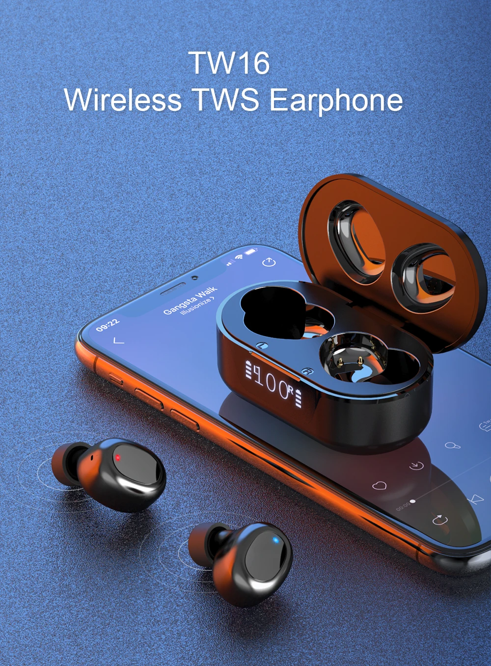 

Original TW16 Wireless Bluetooth Headset In-ear Stereo Headphones Sports 5.0 Earphone with Mic Game LED Display Charge Box