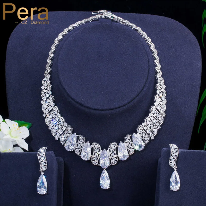 

Pera Indian Gorgeous White Water Drop CZ Big Statement Asymmetrical Bridal Costume Jewelry Sets with Earrings and Necklaces J303