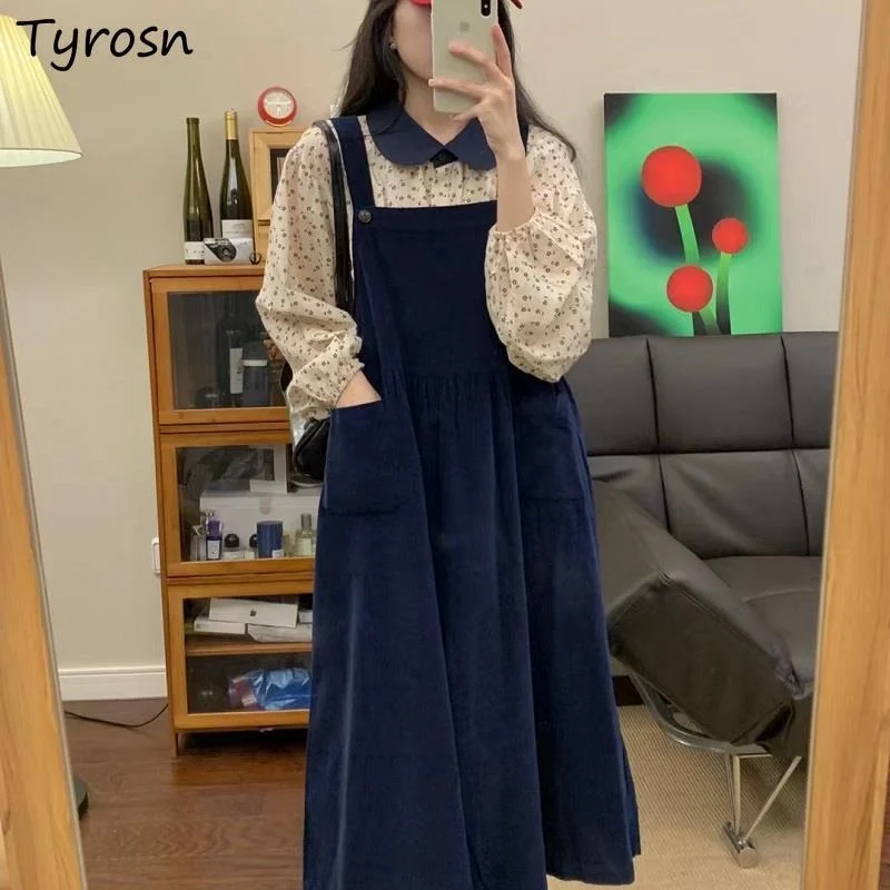 

Women Sets Sweet Pockets Suspenders Vestidos Retro A-line Empire Midi Dresses Preppy Style Kawaii Long Sleeve Tops Girl 2 Pieces