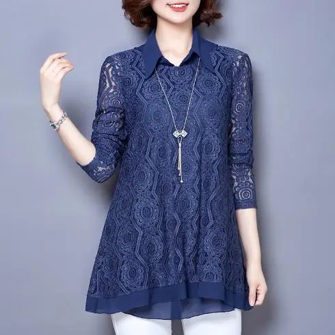 Tops Women Blouses 2019 elegant long sleeve lace blouse shirts office ladies wear crochet tops blusas Mesh Chiffon J132 |