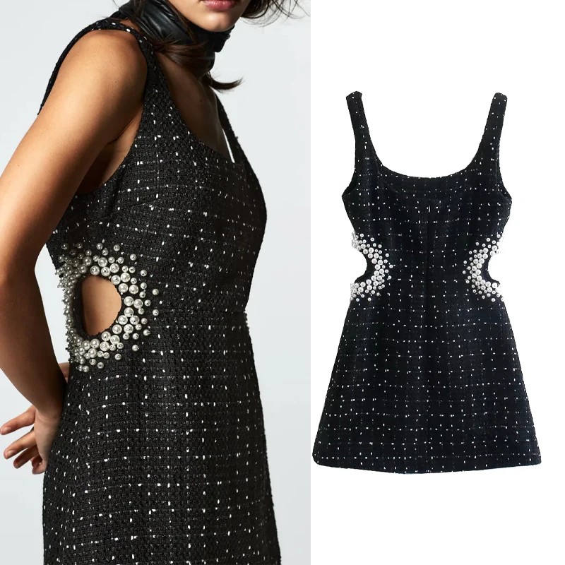 

Женское твидовое платье с открытой спиной Za, повседневное черное платье-мини с жемчужным орнаментом и вырезами, осень 2021