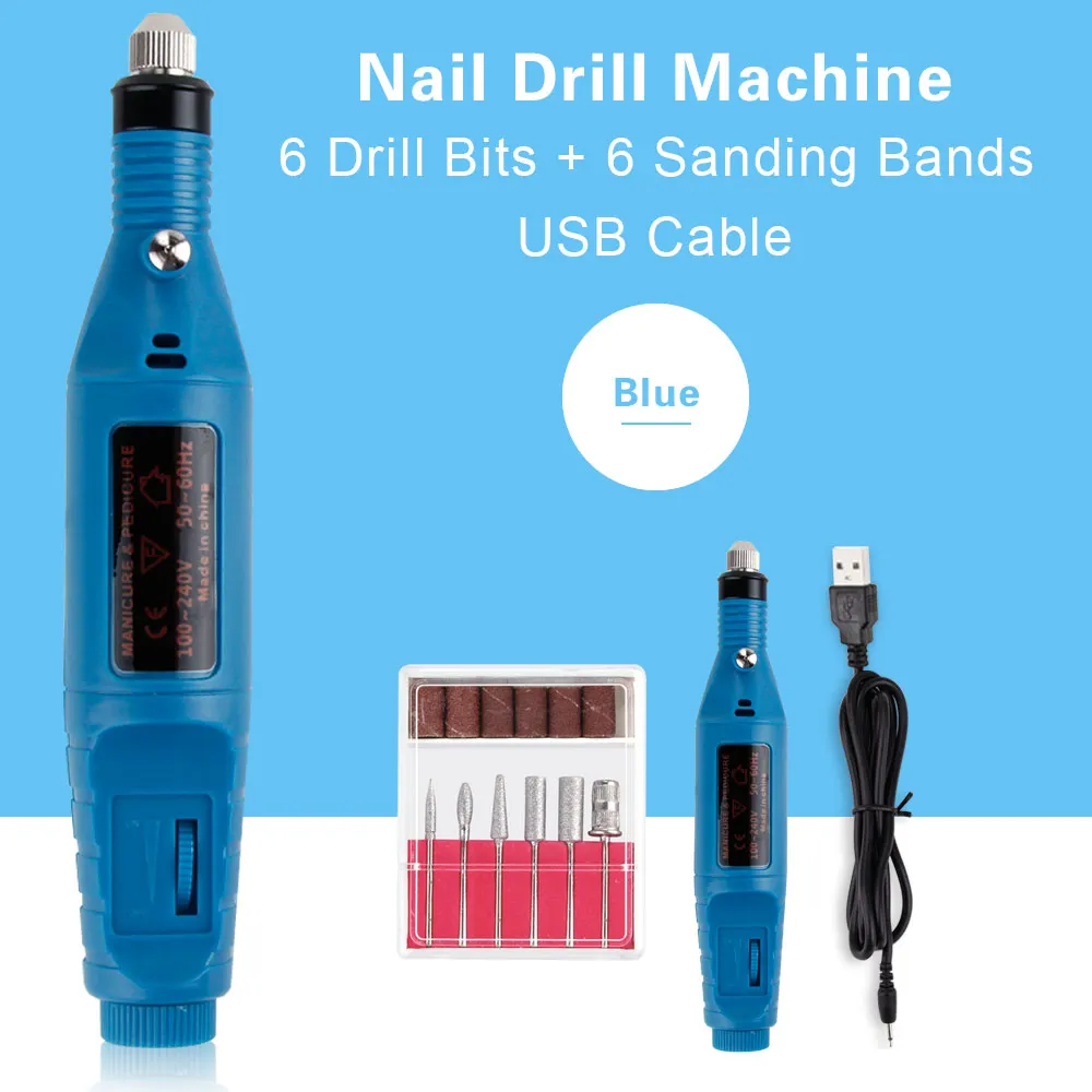 blue USB 1 Набор, электрическая дрель для ногтей, инструменты для маникюра, ручка для педикюра, гель для полировки ногтей, набор пилок для дизайна ногтей, профессиональные инструменты для ногтей - Цвет: blue USB