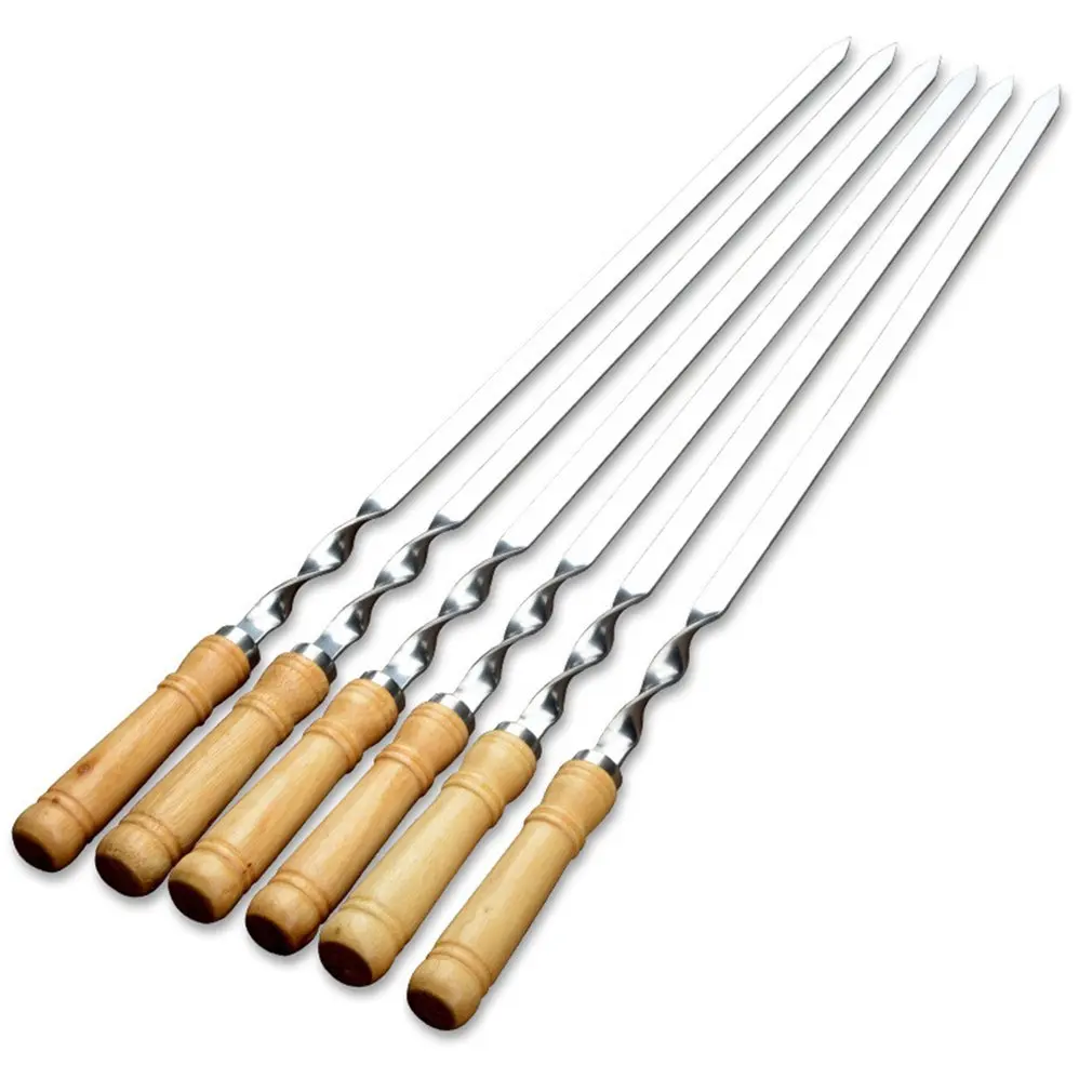 

6pcs/set Stainless Steel Large Flat Barbecue Skewers With Wooden Handle Outdoor Barbecue Needle Anti-sticking