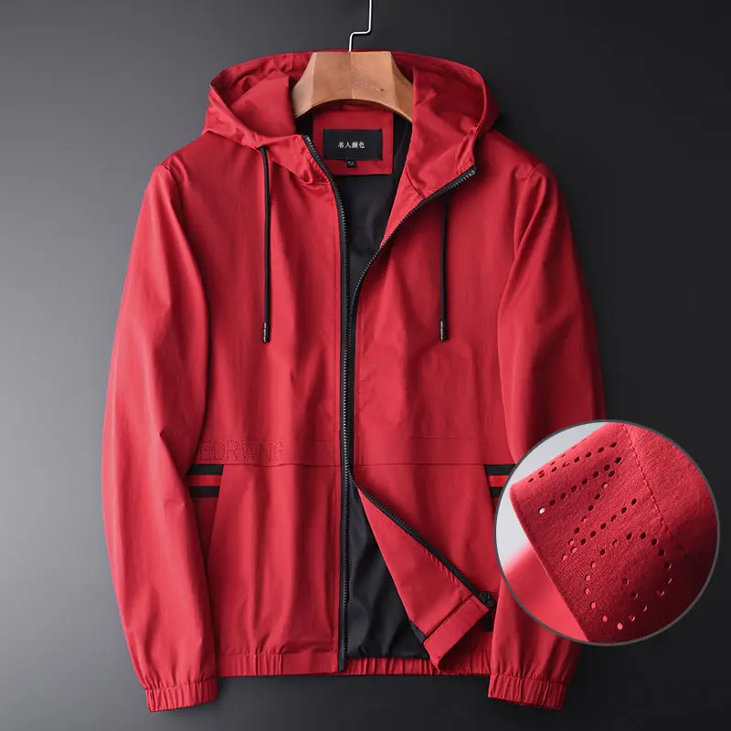 

Мерсеризованная Ткань текстуры задняя Лазерная перфорация дизайн мужская куртка с капюшоном модные пальто красного цвета для мужчин