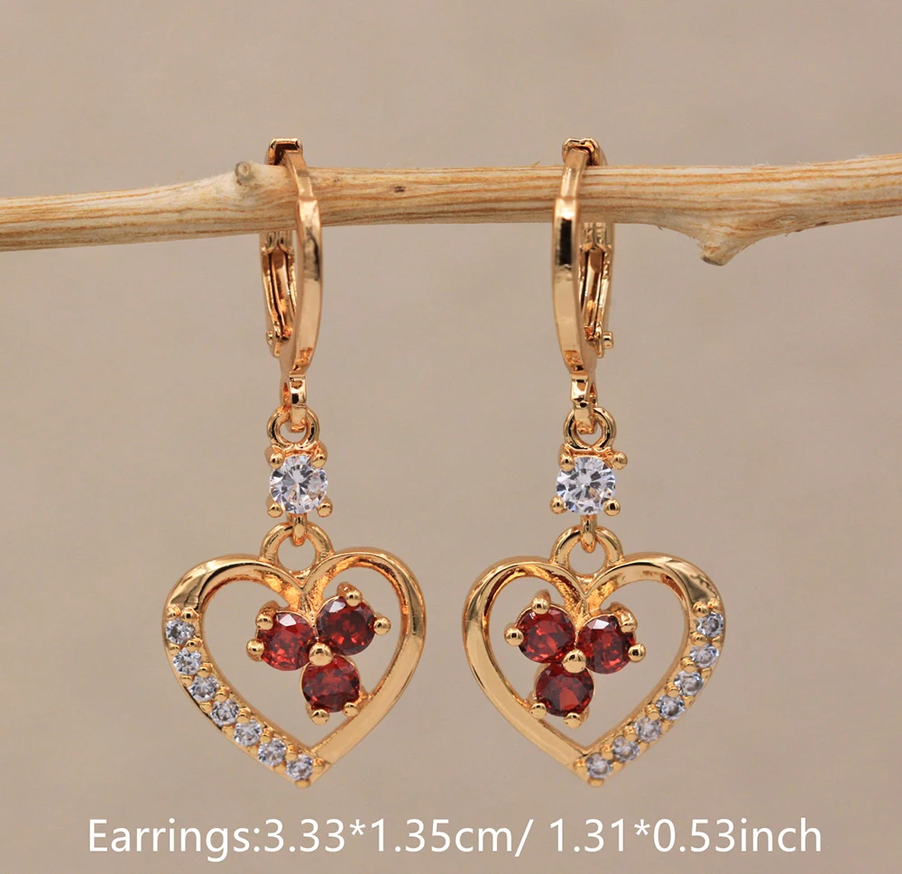 Модные Позолоченные медные серьги-подвески в форме сердца с красным цирконием