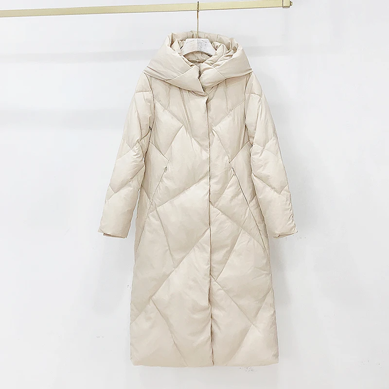 Warm Down Jacket Straight Female Long White Duck Down 90% New 2021 Zipper Fashion Solid Color Winter Hooded Pocket Jacket