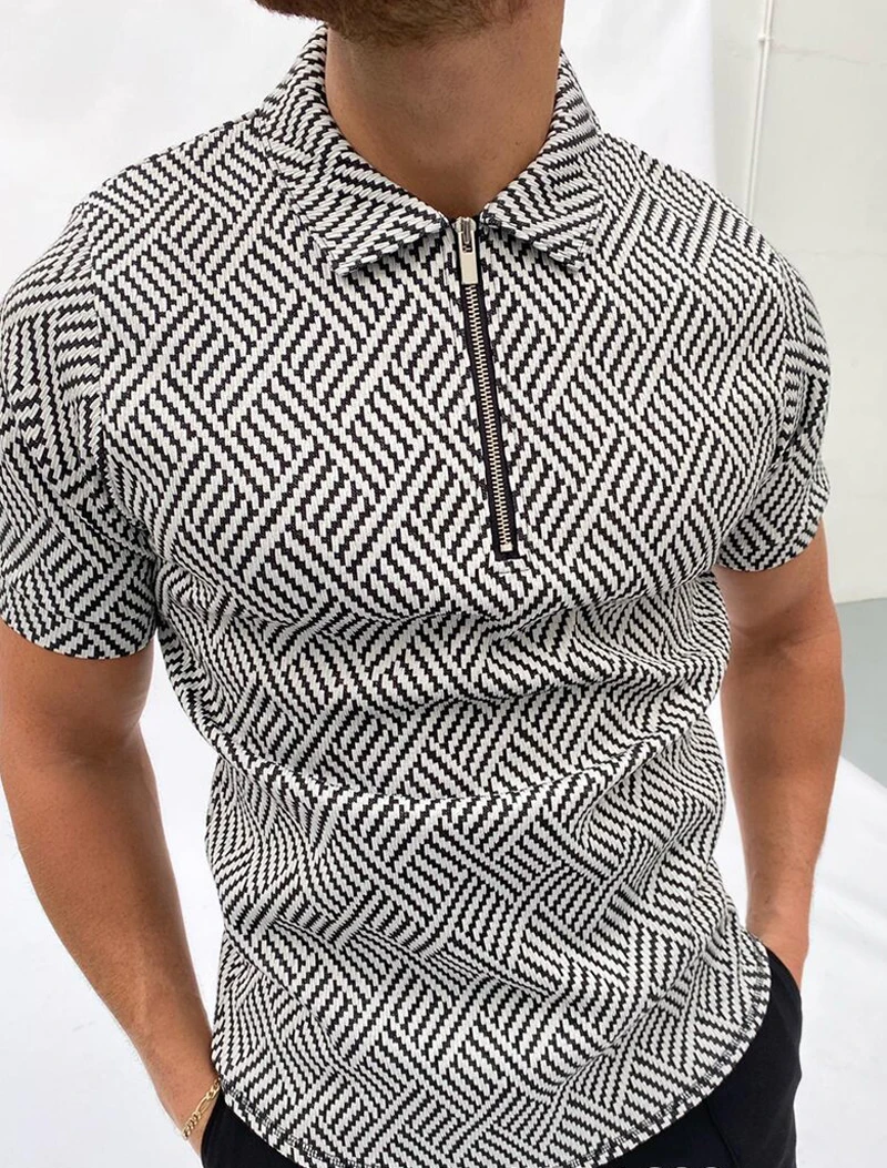 

2021Fashion Patchwork Men Short Sleeve Polo Shirts Casual Turn-down Collar Zipper Design Tops Summer Harajuku Men's Streetwear