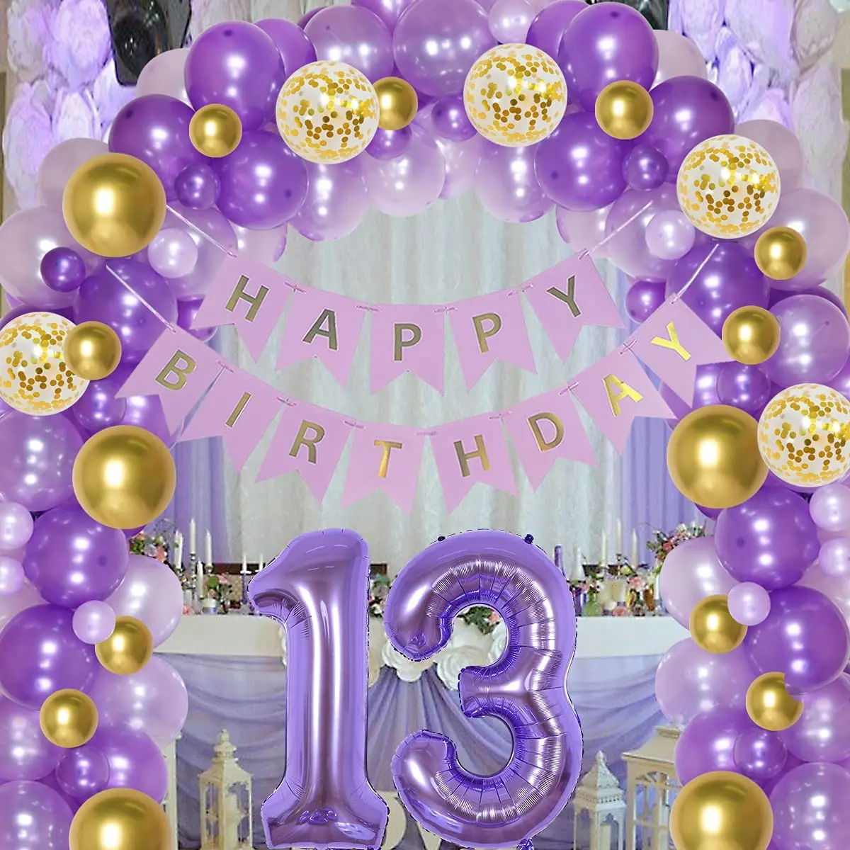 

Purple and Gold 13th Birthday Party Decorations for Girls Balloon Garland Arch Kit Happy Birthday Banner Confetti Balloons