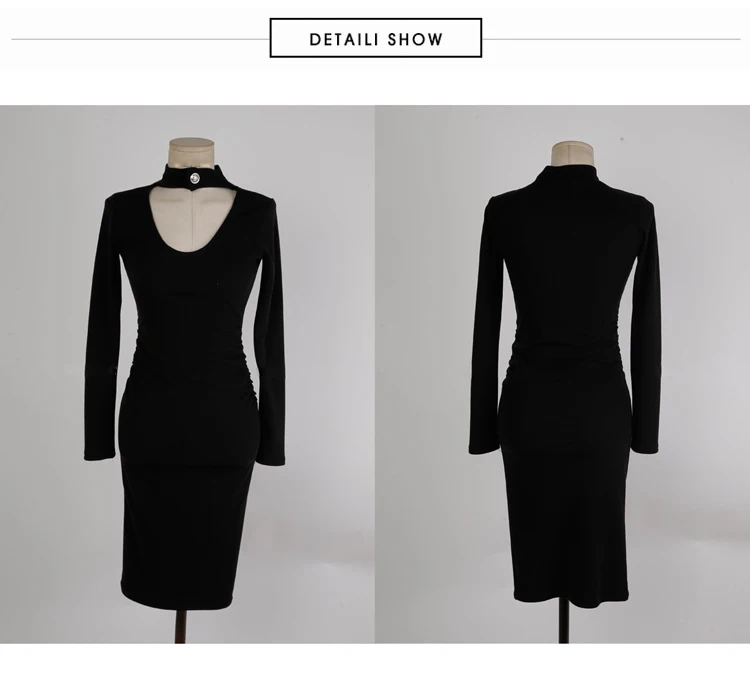 

2020 Autumn Halter Neck Long Sleeved Brief Slim Bodycon Mini Sheath Sexy Black Club Women's Dress