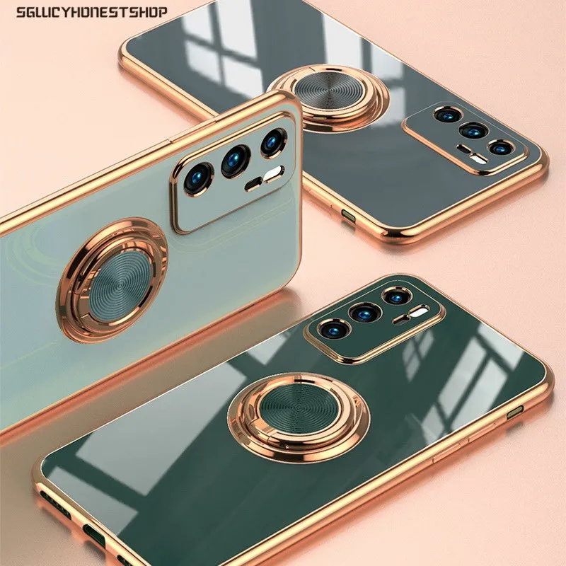 

Luxury Plating Silicone Case For Huawei P40 P30 P20 Pro Mate 40 30 20 Honor 30 30s Nova 7SE 7i Soft With Ring Holder Stand Cover