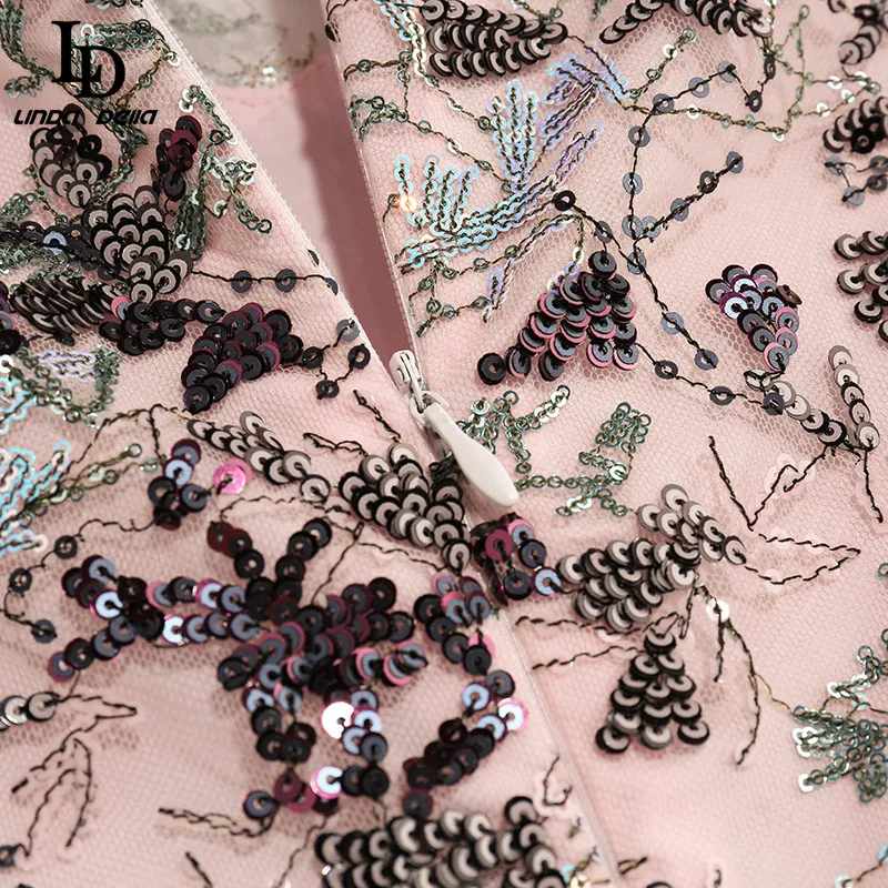 

LD LINDA DELLA Fashion Designer Summer Mesh Dress Women Short Sleeve Sequin Embroidered High waist Lace Cake Midi Dress Ladies