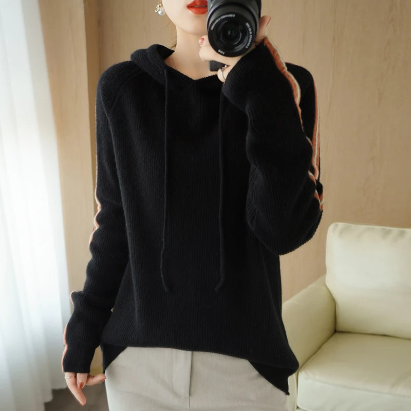 New autumn and winter wool hooded sweater women loose pullover casual hooded base sweater reduce age outgoing knit sweater