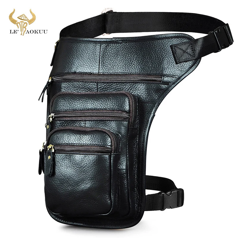 New Grain Genuine Leather Design Men Travel Messenger Mochila Bag Fashion Organizer Fanny Waist Belt Pack Drop Leg Bag Male 3111