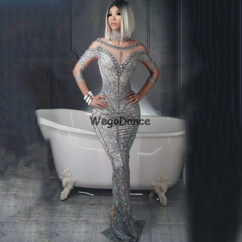 Горячее сексуальное блестящее серое платье стразы с жемчужинами модное