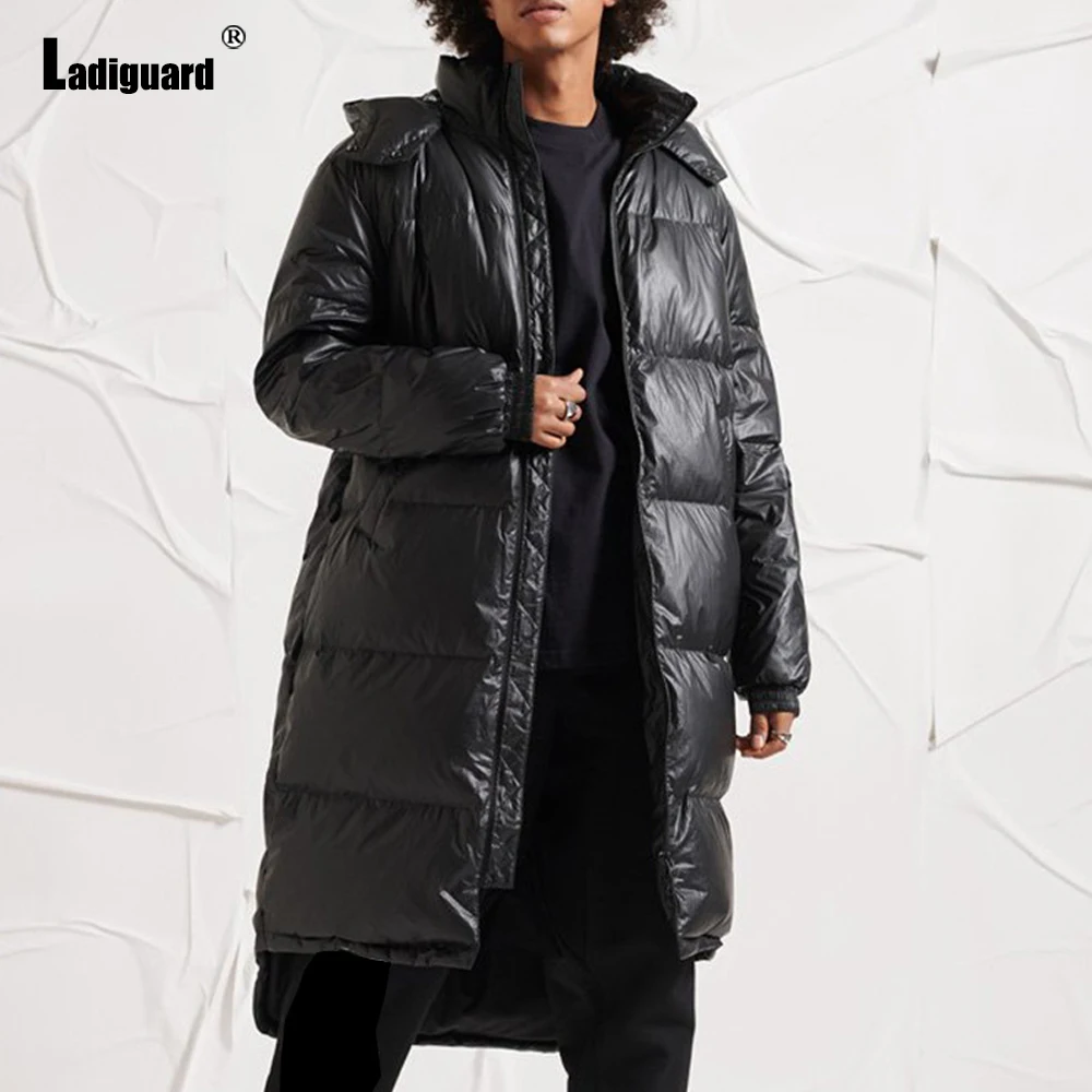 Ladiguard Plus Size Men Hooded Down Cotton Coats 2021 New Zipper Pleated Top Outerwear England Style Fashion Long Trench Jackets